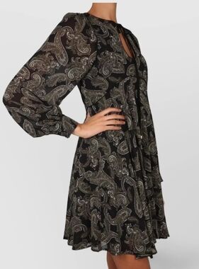 New Boho Michael Kors Black Paisley Tie-Neck Long-Sleeve Dress 4